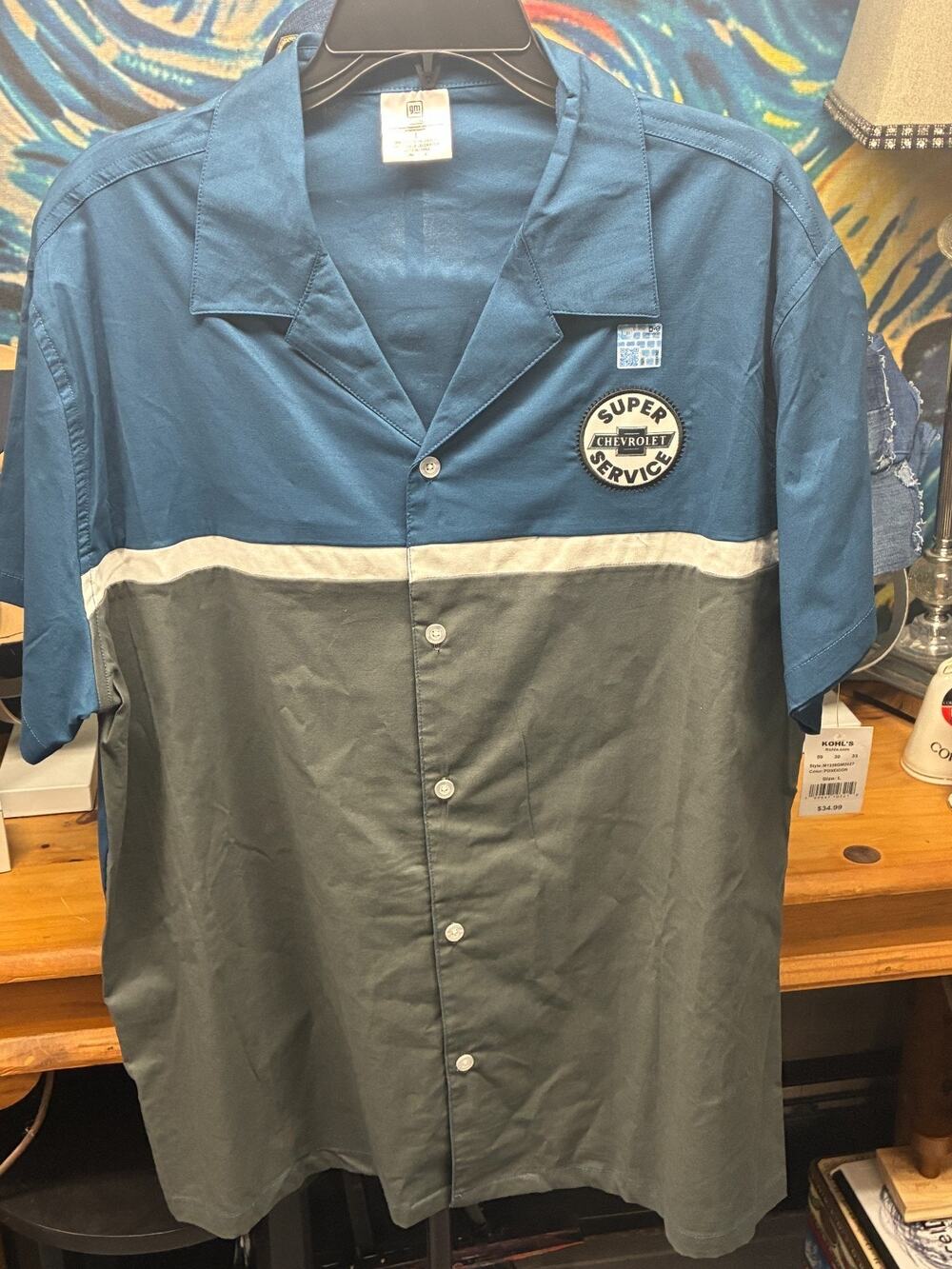 Mens Large Retro Bowling Shirt Blue Gray Super Service Short Sleeve Button Front